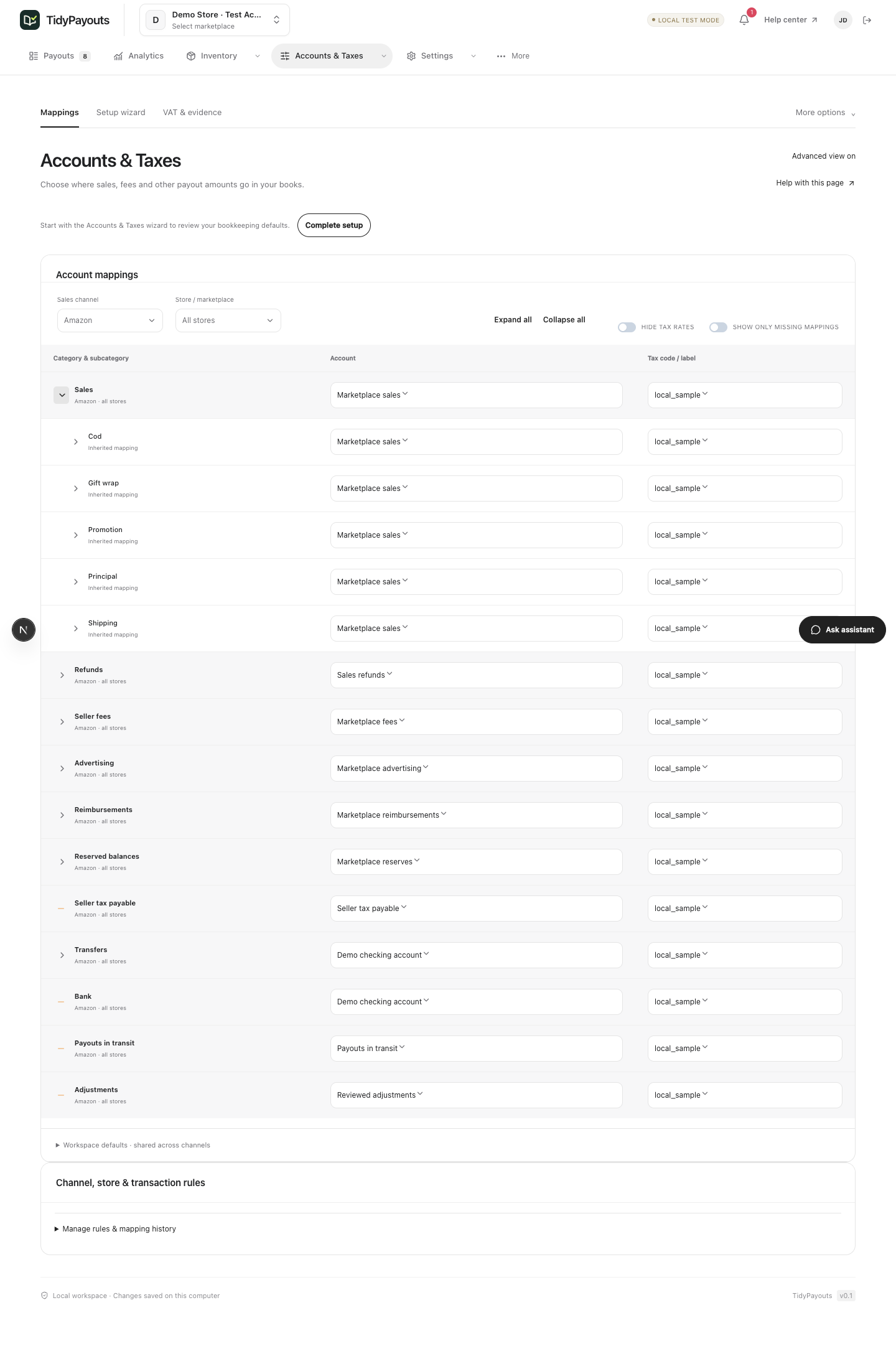 Account-mapping screen with fictional sales, refunds, fees and reserve accounts
